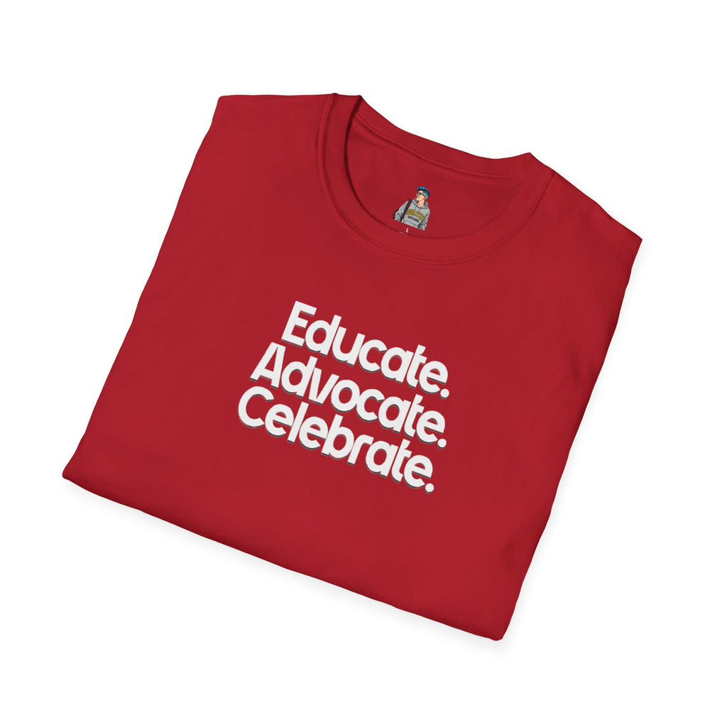 Educate. Advocate. Celebrate. Minimalist Pride T-Shirt - EqualiTees.Me