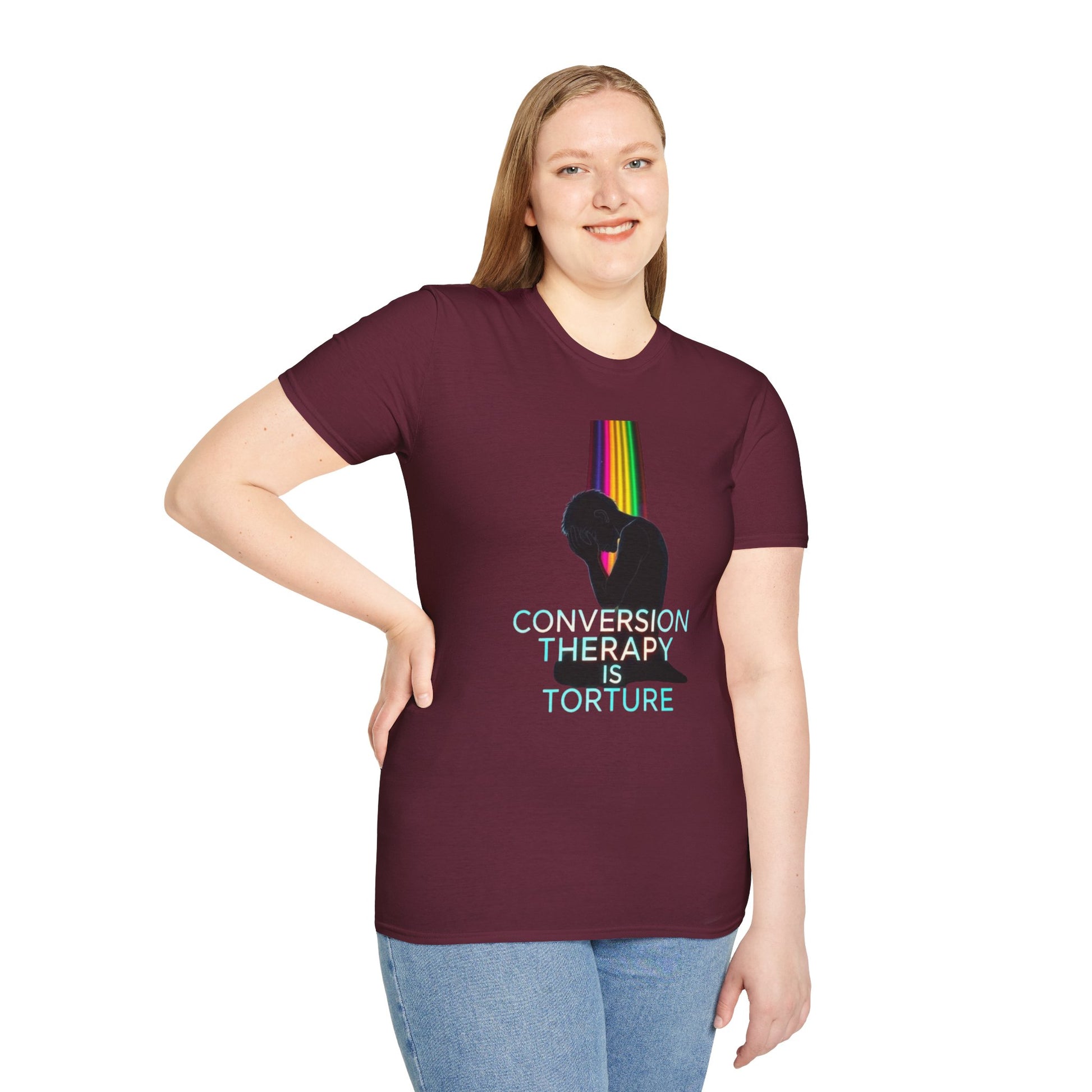 Unisex Softstyle T-Shirt: "Conversion Therapy is Torture" & "We All Belong" - LGBTQ+ Empowerment Tee