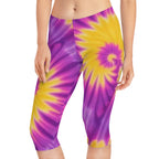 Women's Tie-Dye Capri Leggings - Vibrant Purple & Yellow Swirl Design