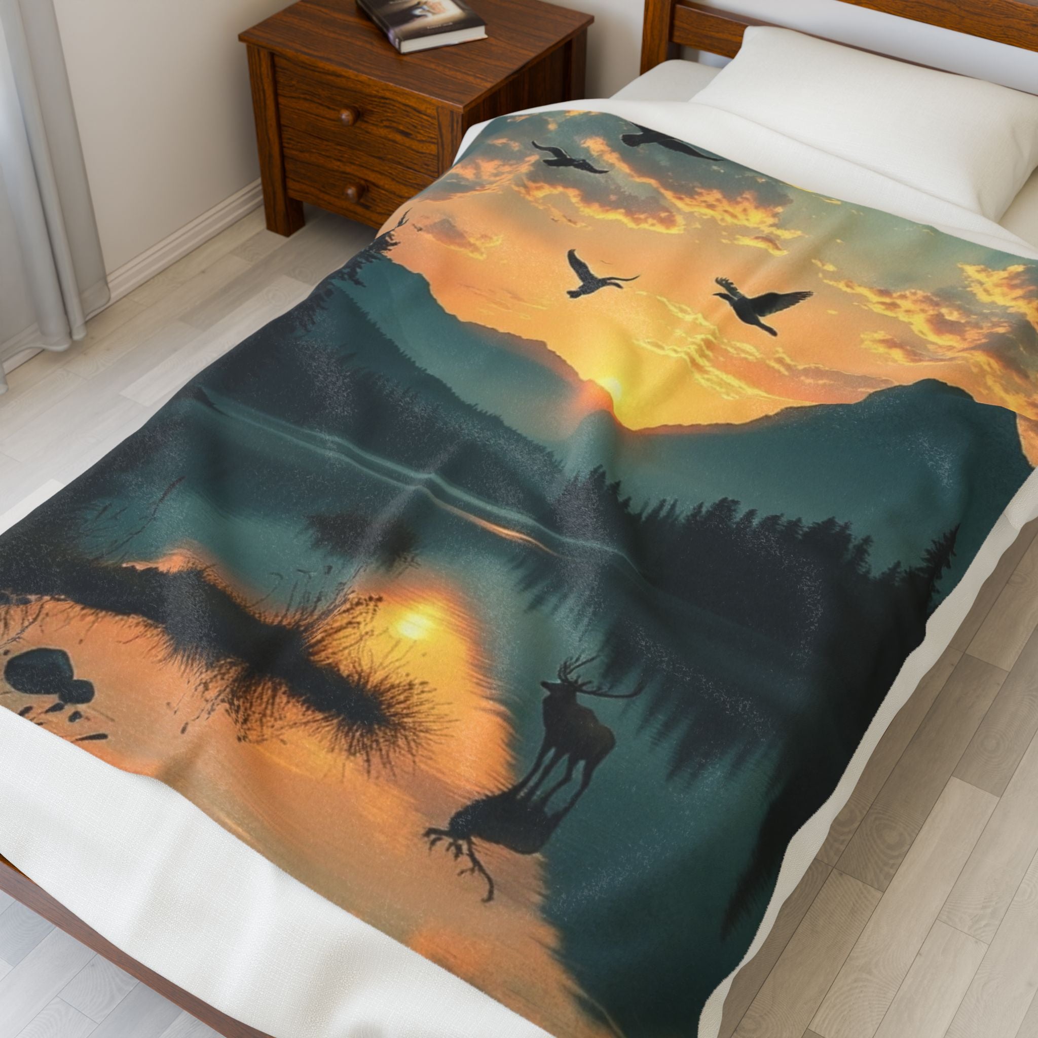 Lake Scene with Elk and Ducks Velveteen Plush Blanket – For Comfort and Warmth