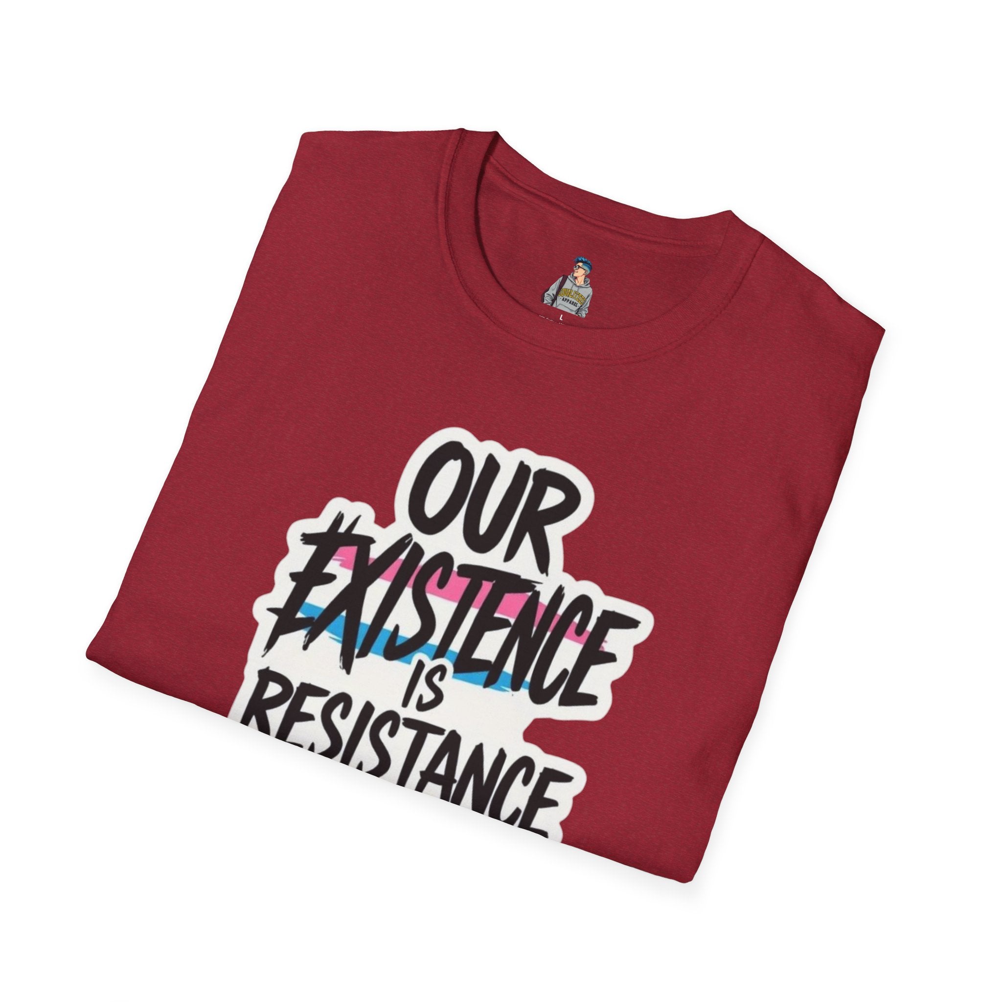 Our Existence is Resistance Trans Pride Unisex Softstyle T-Shirt - Empowering Statement Tee for Activists and Advocates