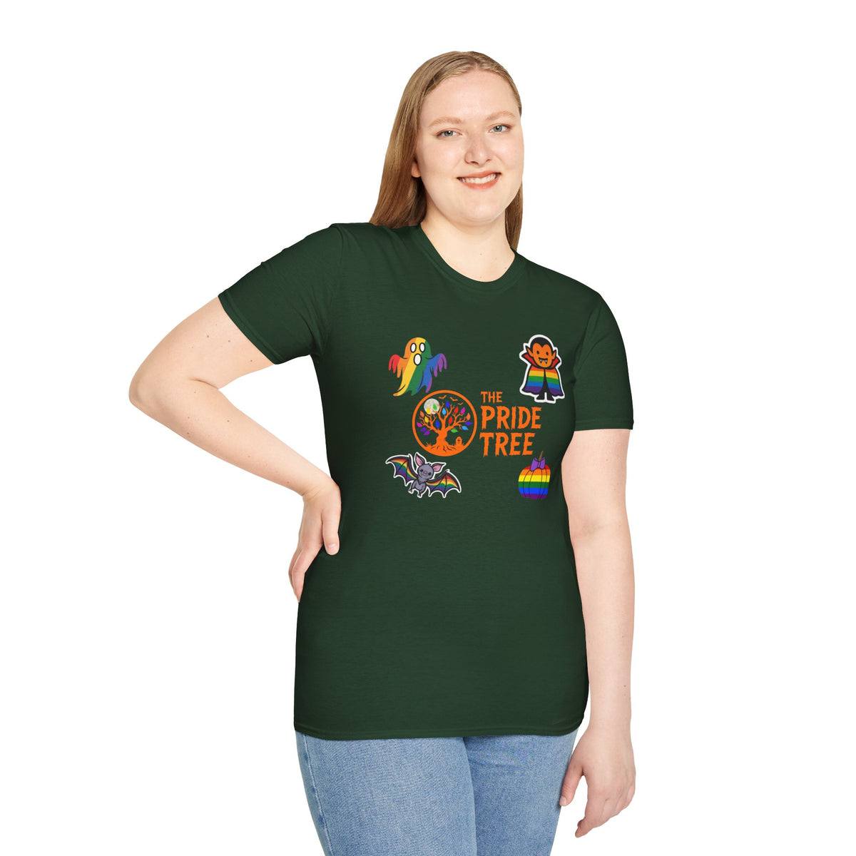 The Pride Tree Halloween T‑Shirt — Rainbow Ghosts, Pumpkins & Bat Graphic Tee
