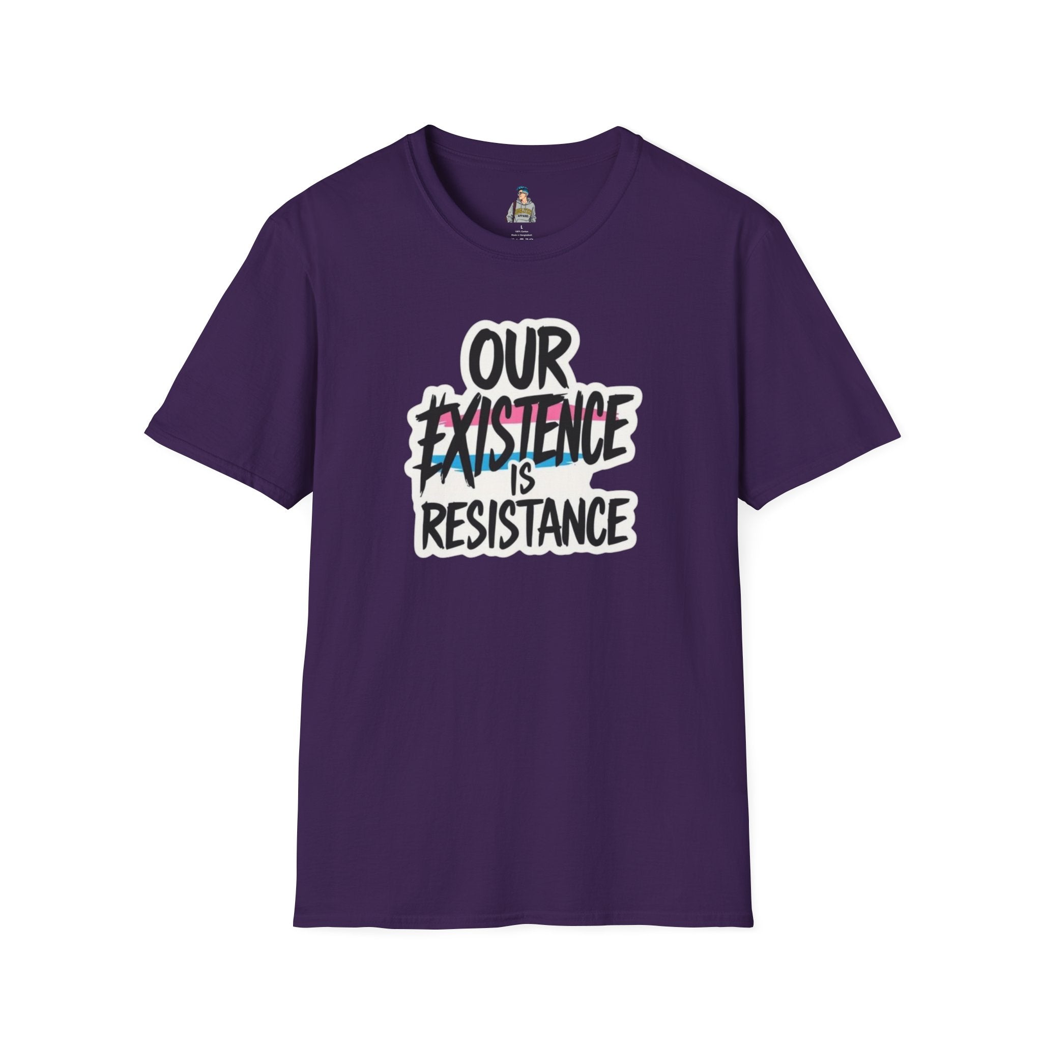 Our Existence is Resistance Trans Pride Unisex Softstyle T-Shirt - Empowering Statement Tee for Activists and Advocates