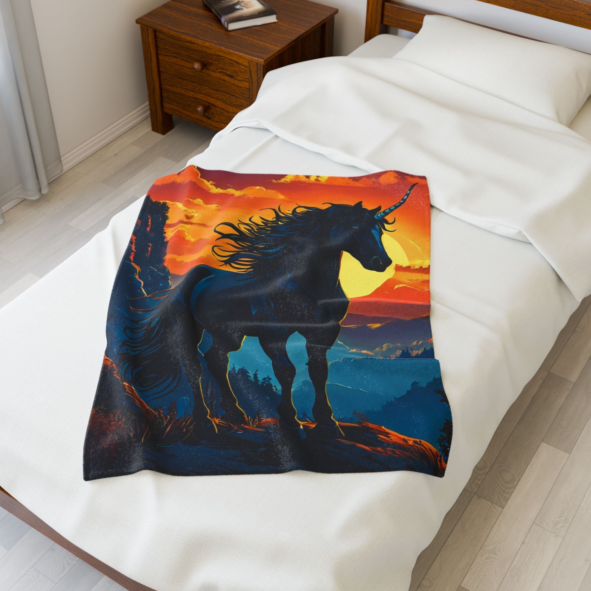 Mystical Black Unicorn Velveteen Plush Blanket