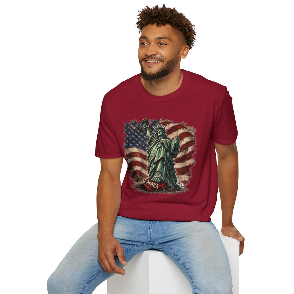Statue of Liberty Stepping on MAGA American Flag T-Shirt — Patriotic USA Independence Day Tee