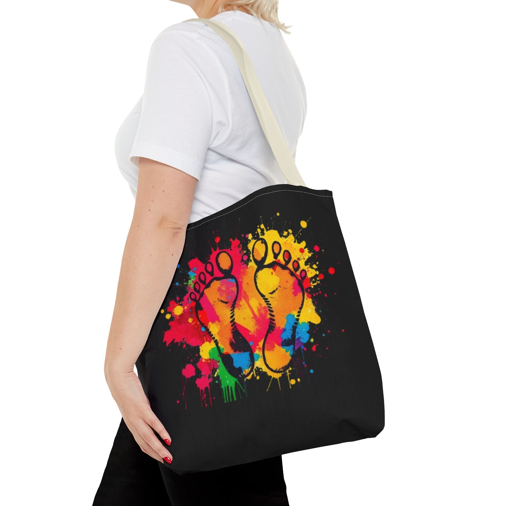 Rainbow Paint Splatter Footprints Tote Bag