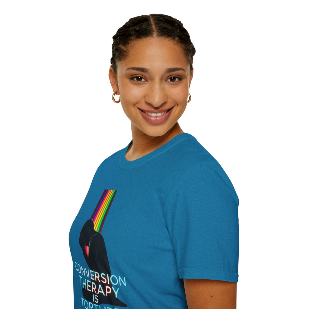 Unisex Softstyle T-Shirt - LGBTQ+ Empowerment T-Shirt: Conversion Therapy is Torture & We All Belong