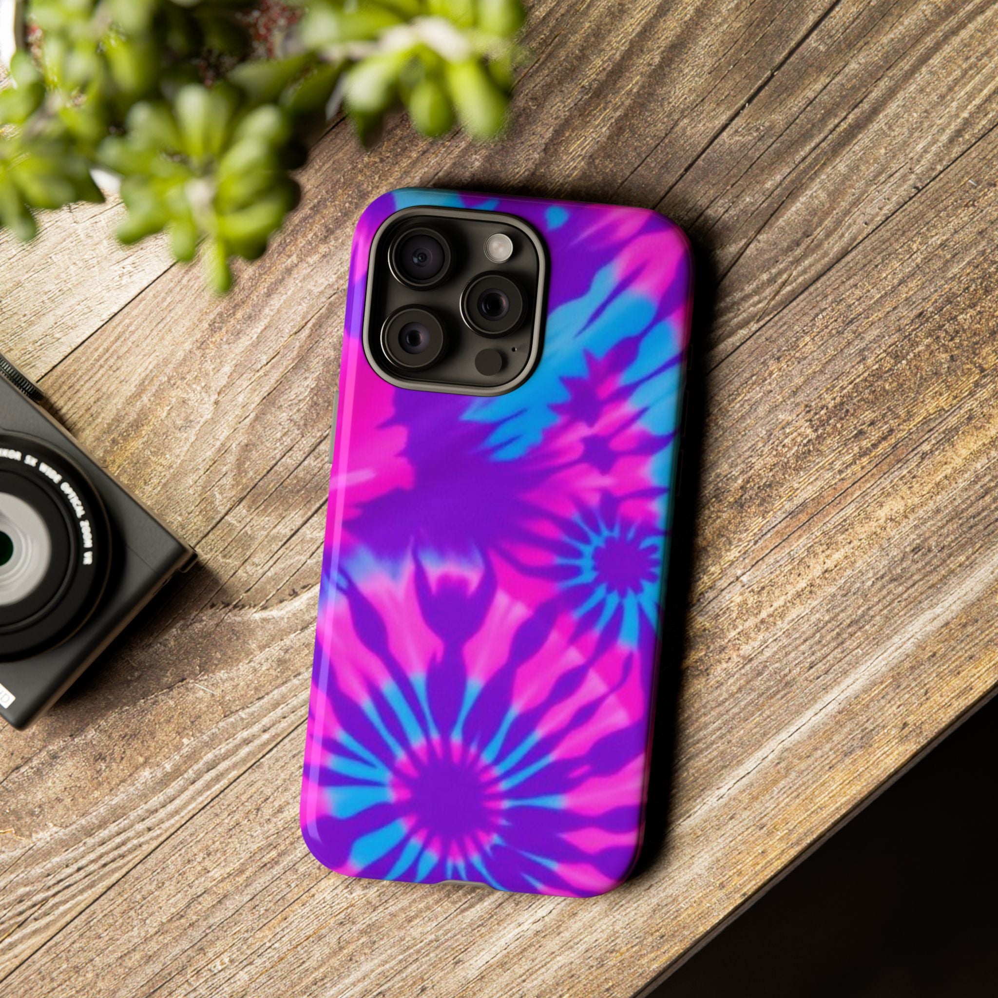Tie-Dye Floral Phone Case for iPhone — Pink & Blue Retro Protective Tough Case