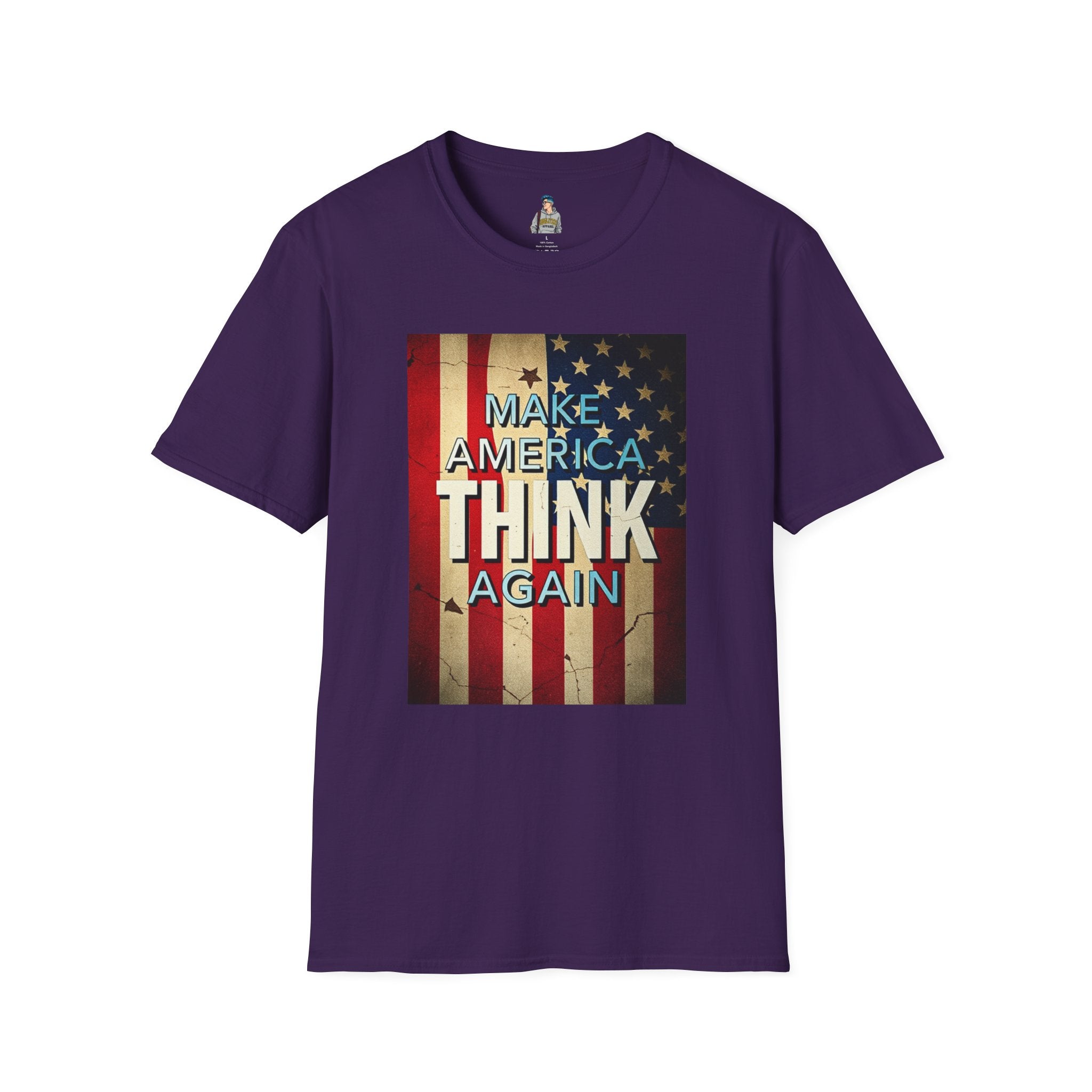 Make America Think Again Unisex Softstyle T-Shirt - Vintage Flag Design