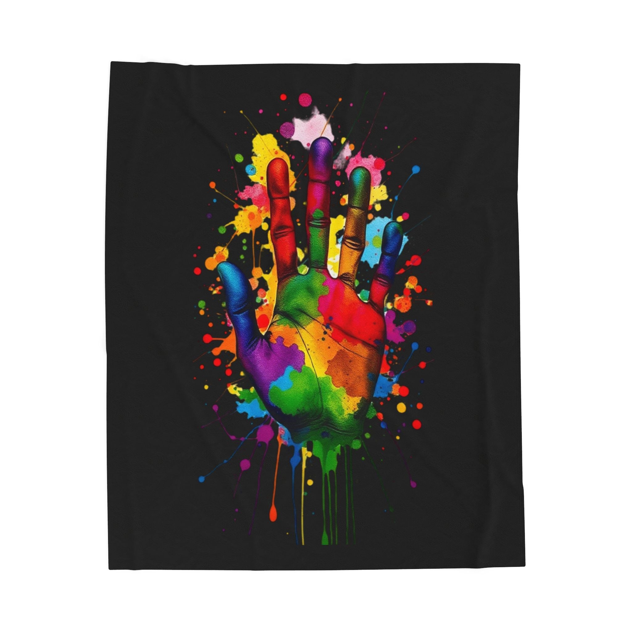 Rainbow Splash Handprint Black Background Velveteen Plush Blanket – For Comfort and Warmth