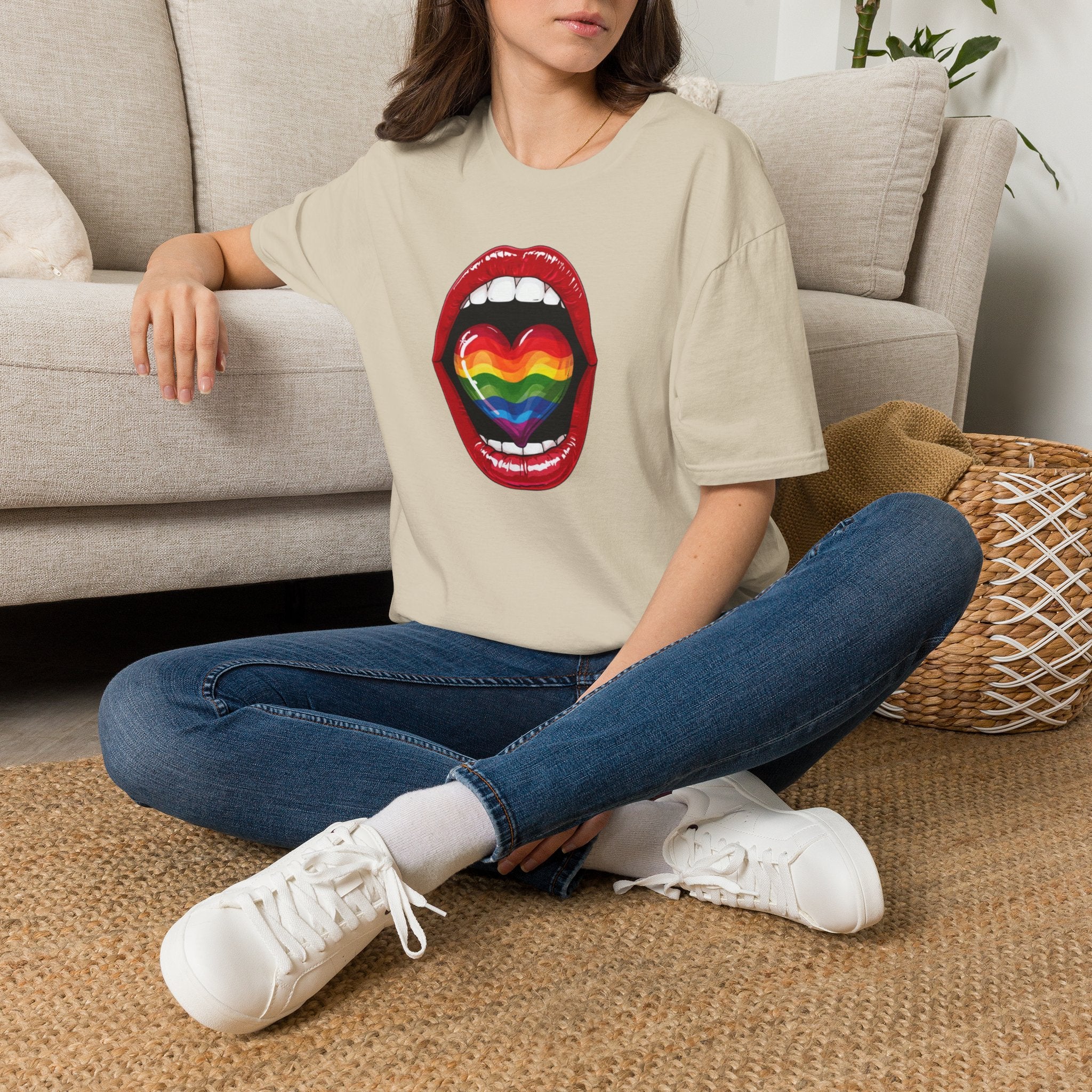 Pride Love Unisex Softstyle T-Shirt | LGBTQ+ Rainbow Heart Design