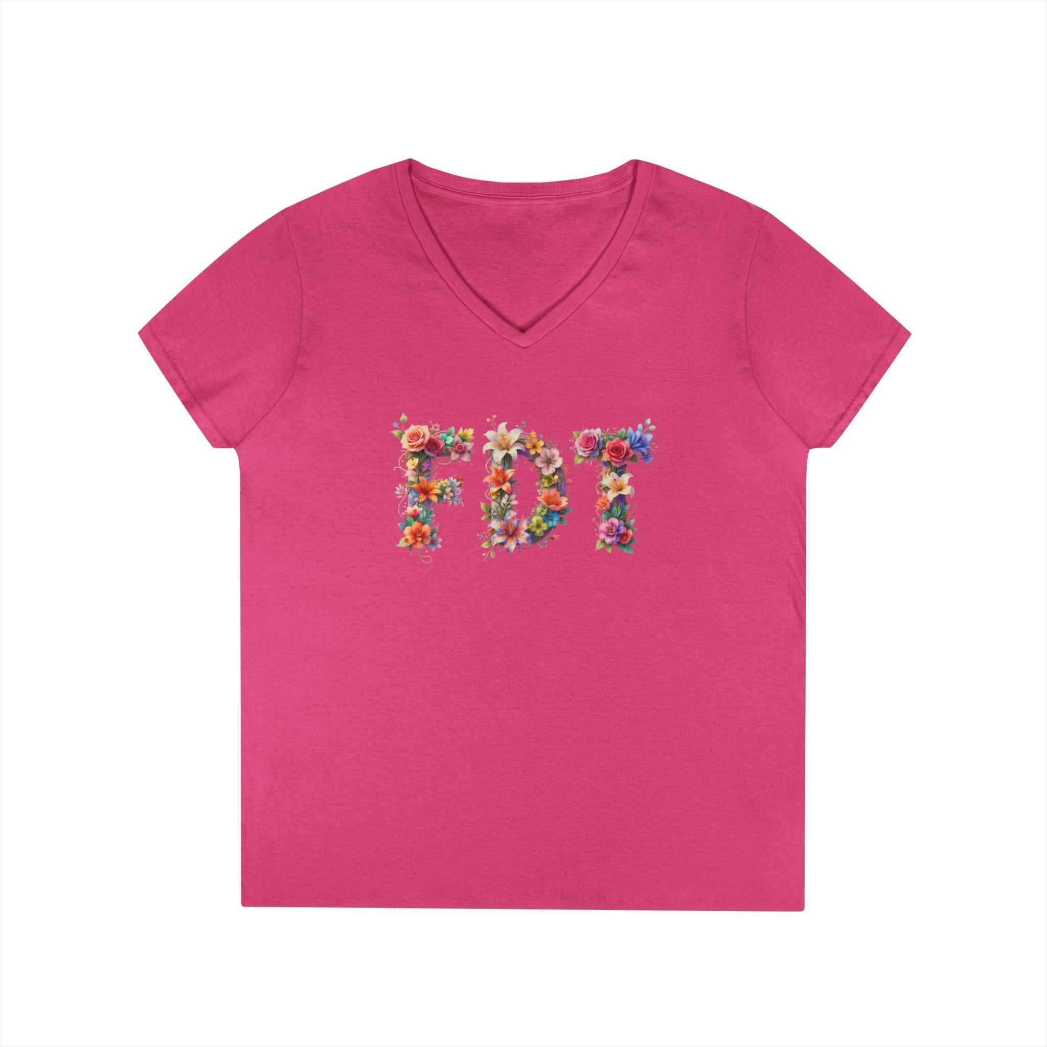 Floral Initials 'FDT' Ladies' V-Neck Tee — Colorful Botanical Monogram Shirt