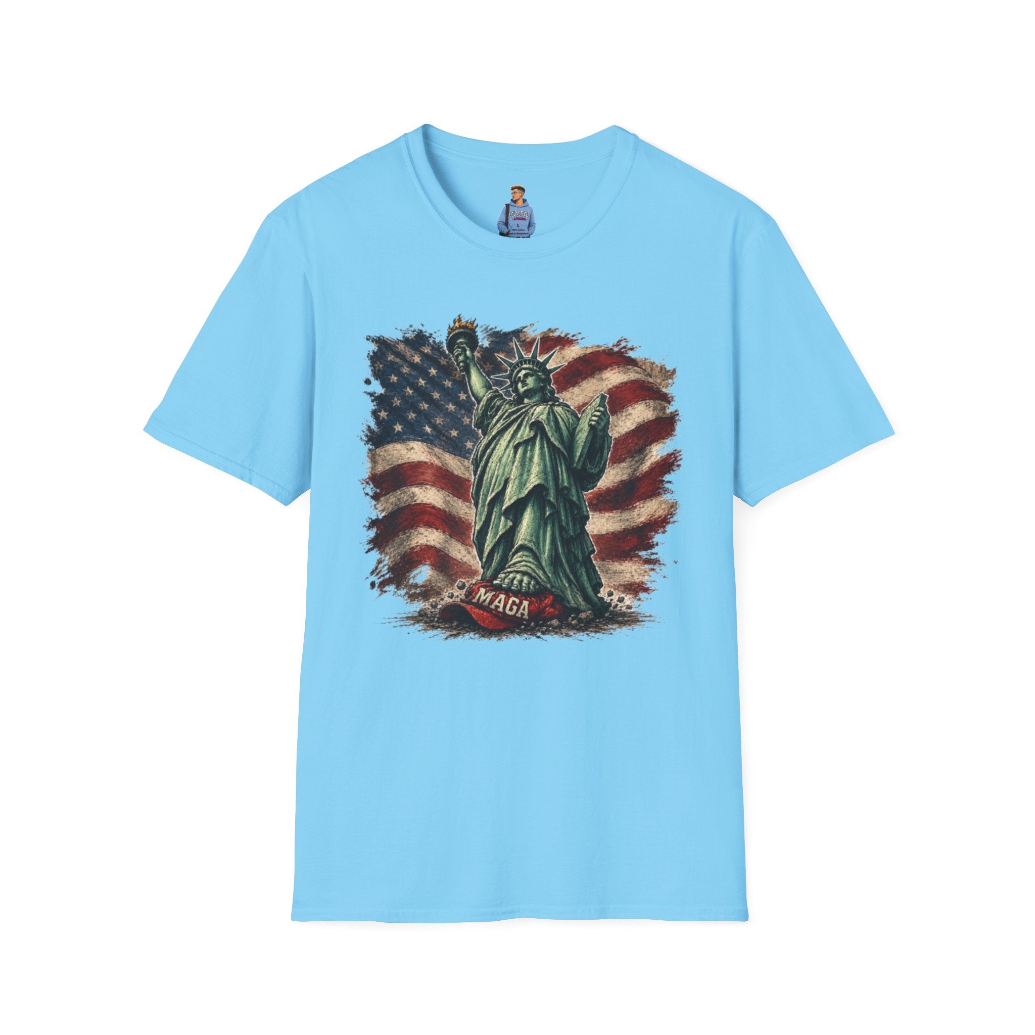 Statue of Liberty Stepping on MAGA American Flag T-Shirt — Patriotic USA Independence Day Tee