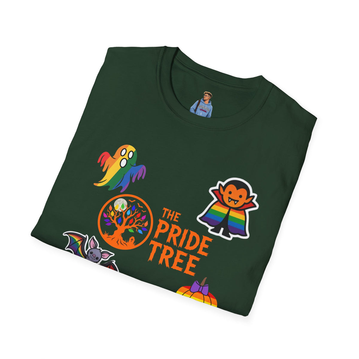 The Pride Tree Halloween T‑Shirt — Rainbow Ghosts, Pumpkins & Bat Graphic Tee