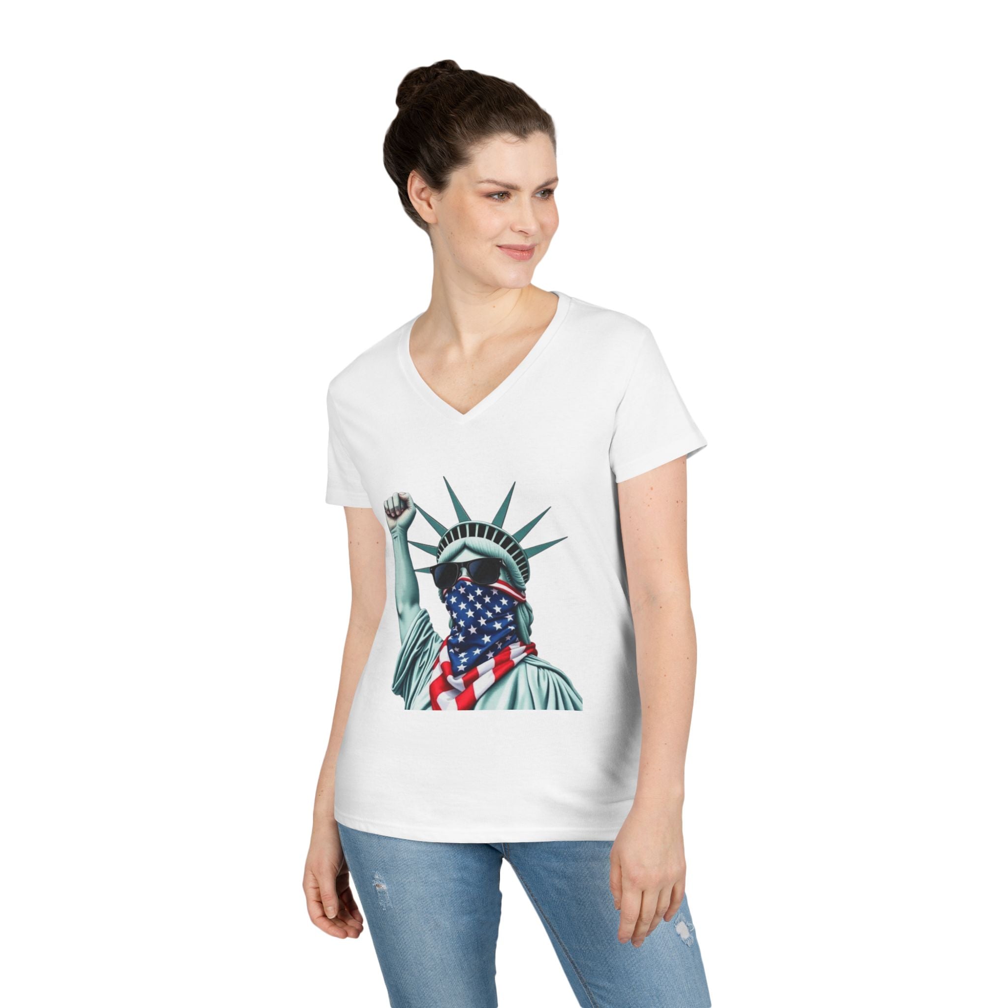 Patriotic Ladies' V-Neck T-Shirt - Resist Statue of Liberty Design