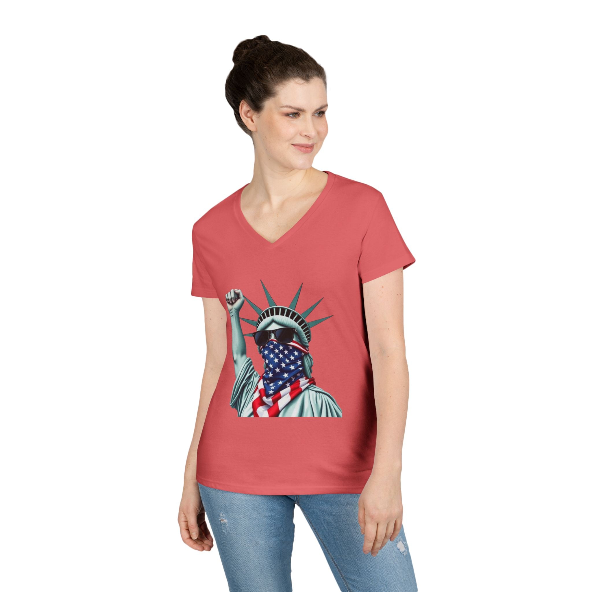 Patriotic Ladies' V-Neck T-Shirt - Resist Statue of Liberty Design