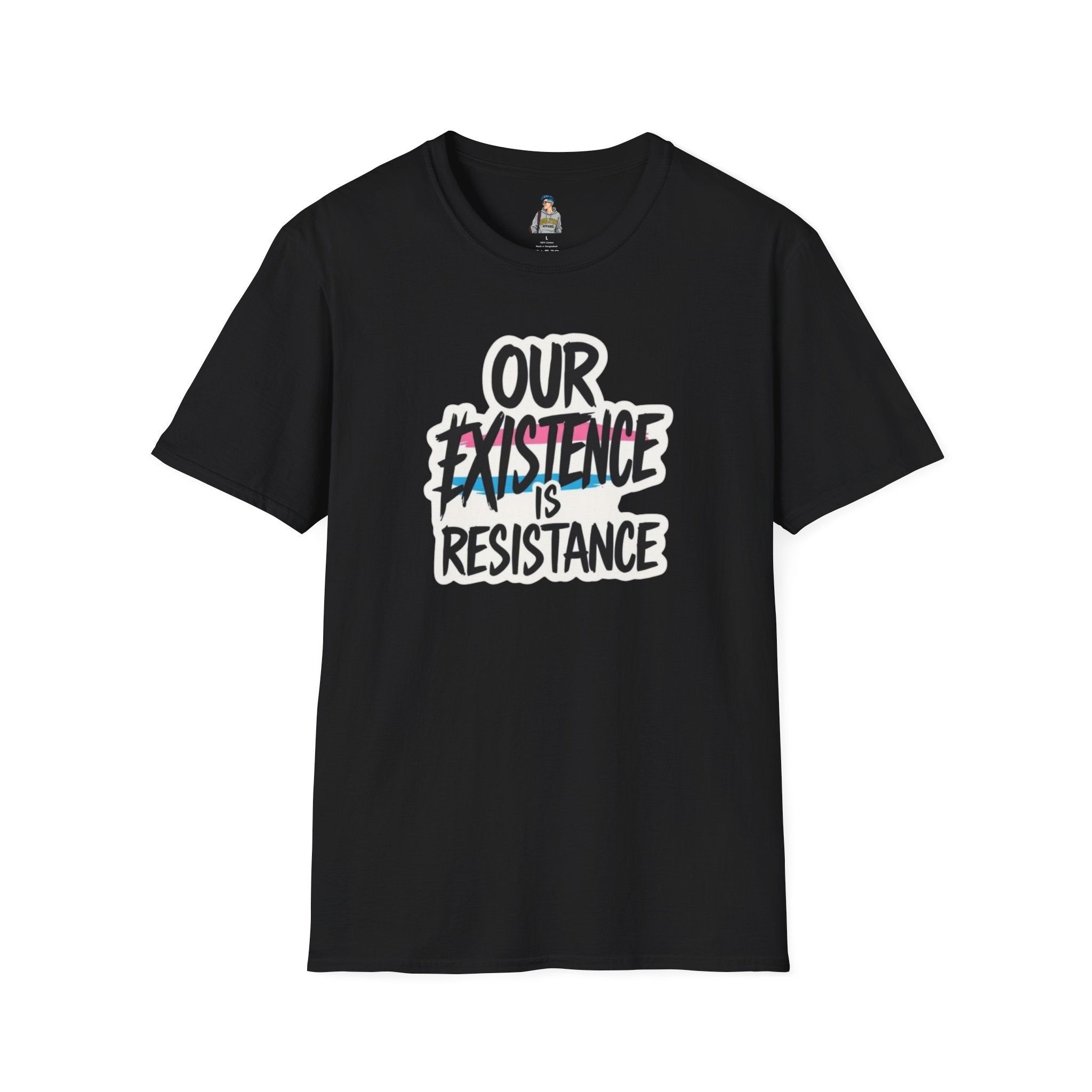 Our Existence is Resistance Trans Pride Unisex Softstyle T-Shirt - Empowering Statement Tee for Activists and Advocates