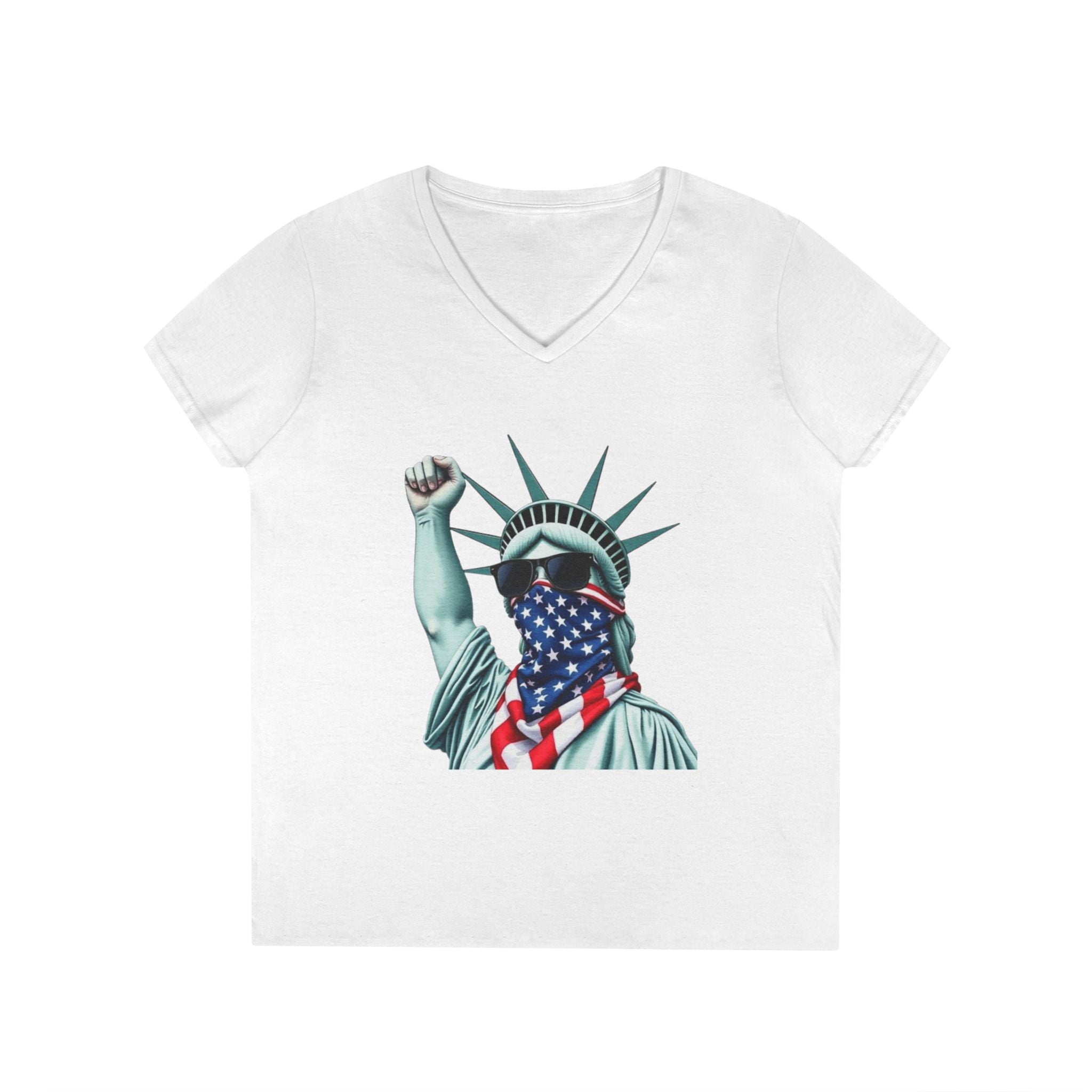 Patriotic Ladies' V-Neck T-Shirt - Resist Statue of Liberty Design