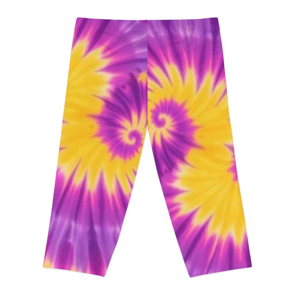 Women's Tie-Dye Capri Leggings - Vibrant Purple & Yellow Swirl Design