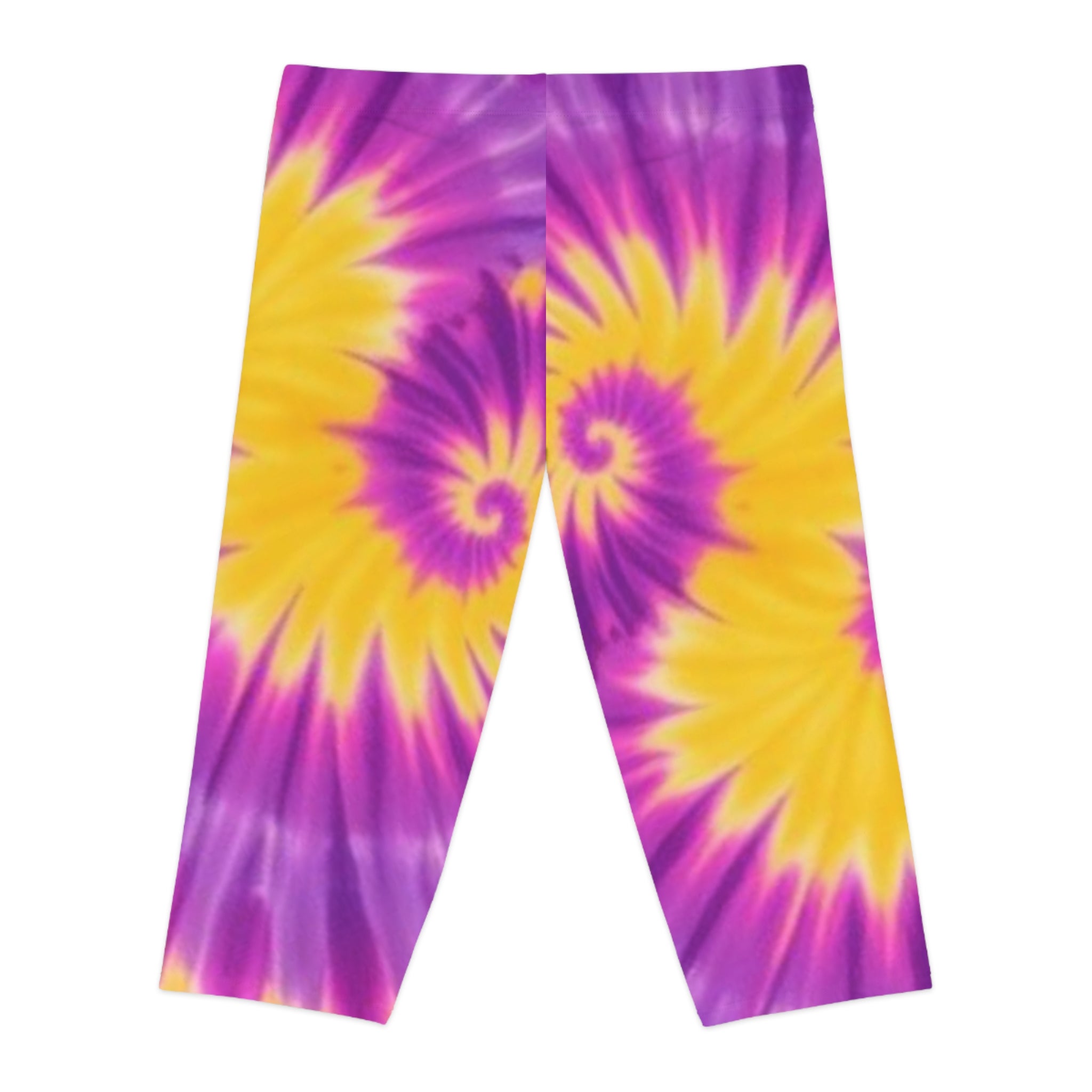 Women's Tie-Dye Capri Leggings - Vibrant Purple & Yellow Swirl Design