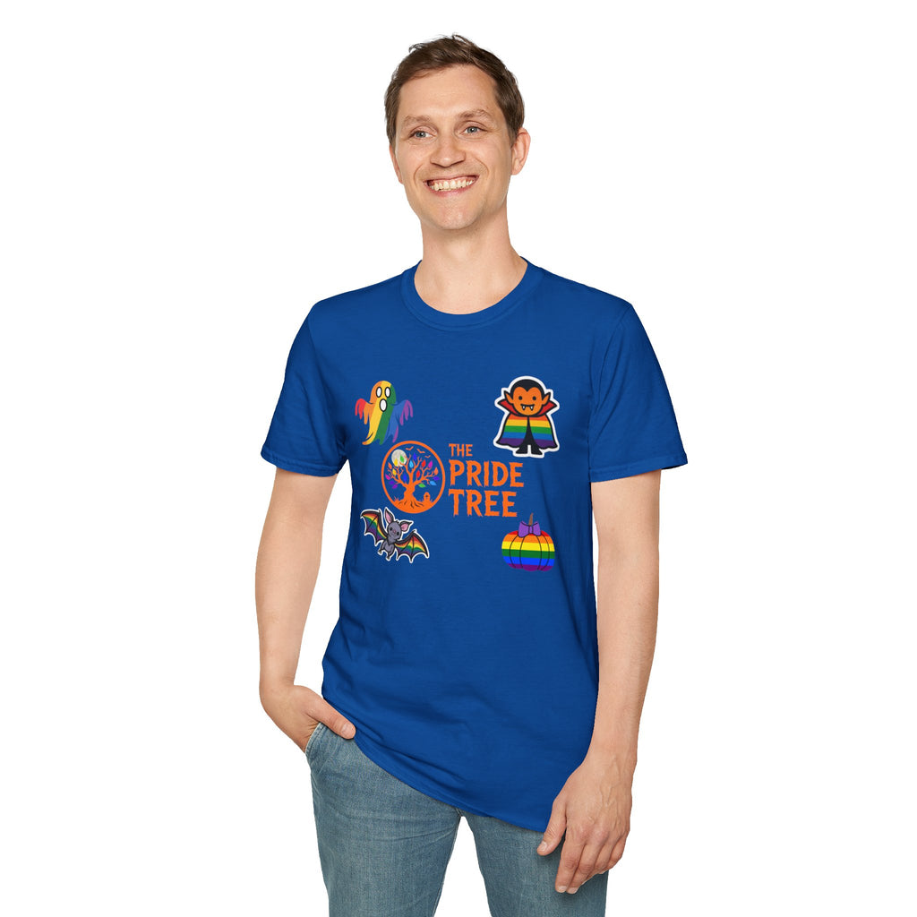 The Pride Tree Halloween T‑Shirt — Rainbow Ghosts, Pumpkins & Bat Graphic Tee