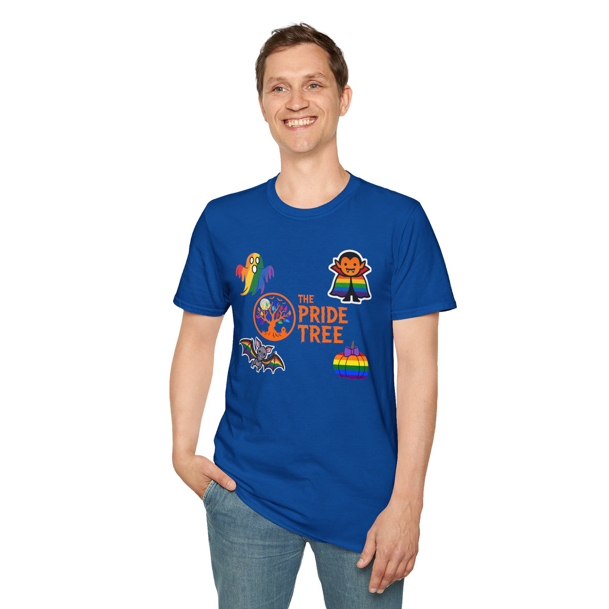 The Pride Tree Halloween T‑Shirt — Rainbow Ghosts, Pumpkins & Bat Graphic Tee