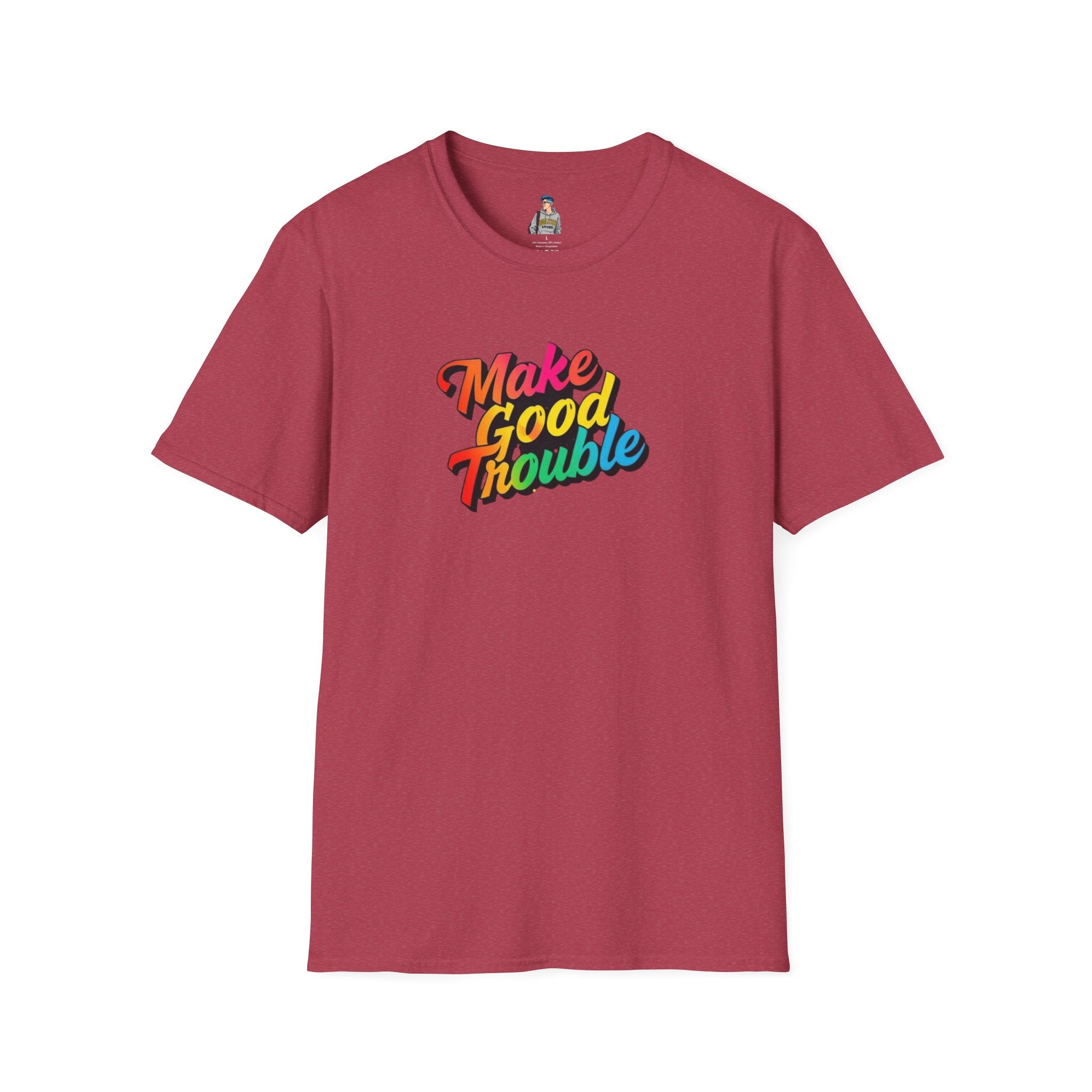Inspirational Unisex Softstyle T-Shirt - 'Make Good Trouble' Rainbow Statement Tee