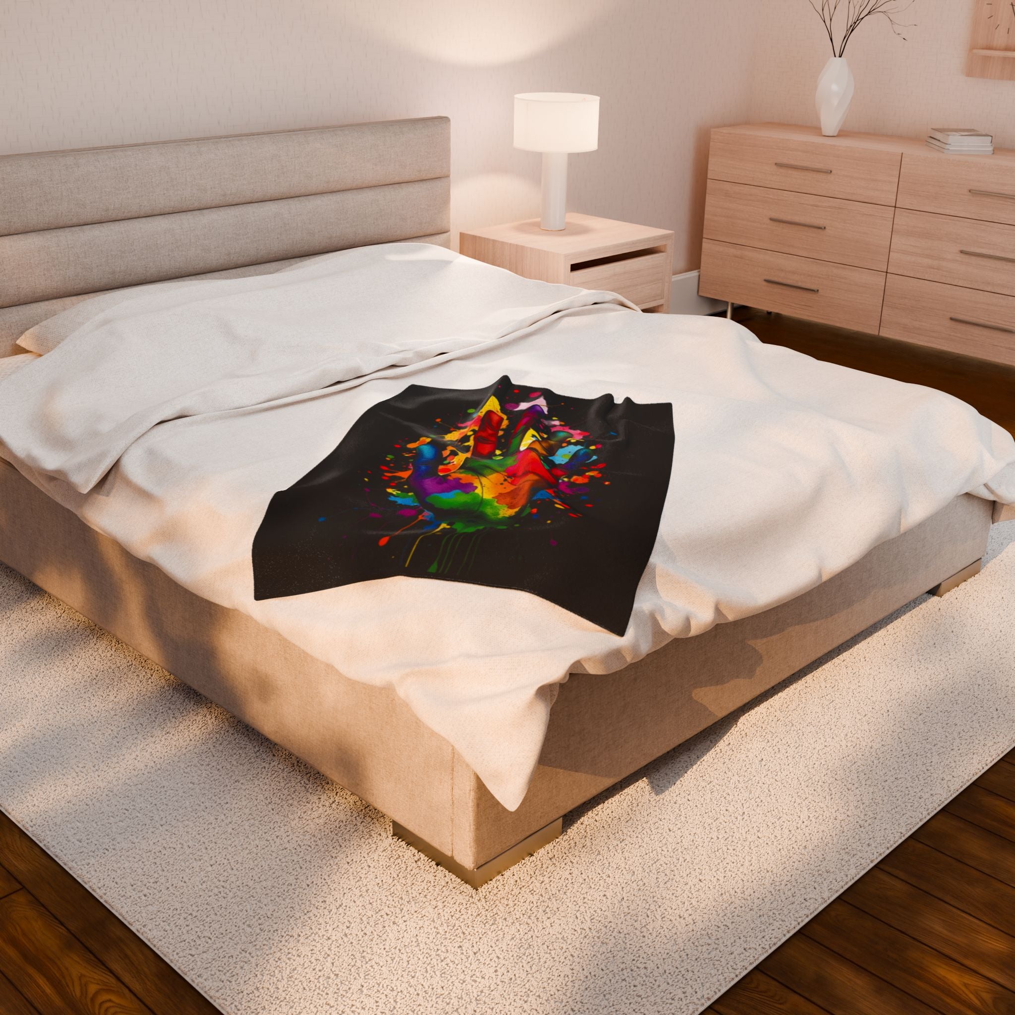 Rainbow Splash Handprint Black Background Velveteen Plush Blanket