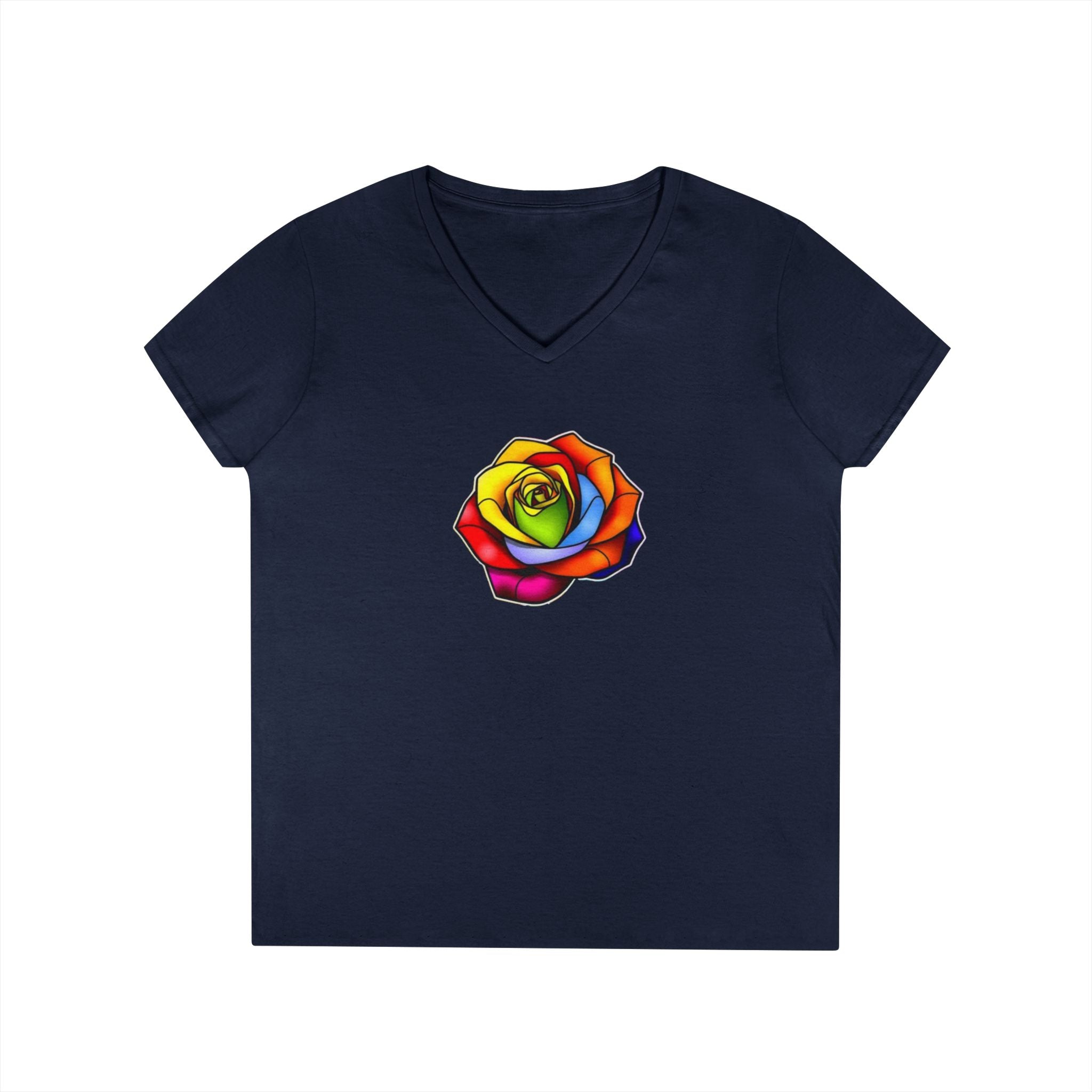 Rainbow Rose Ladies' V-Neck T-Shirt - Colorful Floral Design