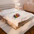 Rainbow Splash Handprint White Background Velveteen Plush Blanket – For Comfort and Warmth