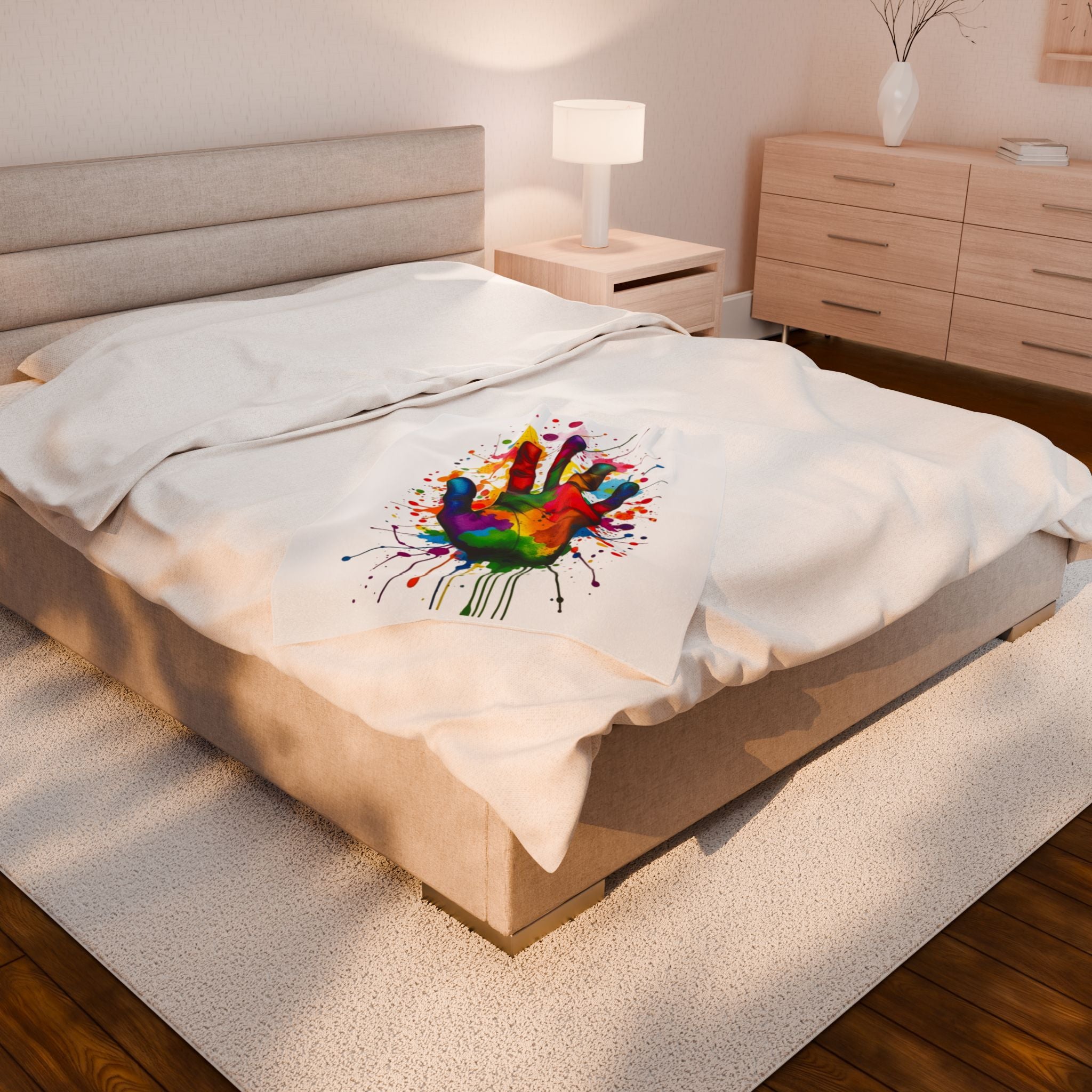 Rainbow Splash Handprint White Background Velveteen Plush Blanket – For Comfort and Warmth