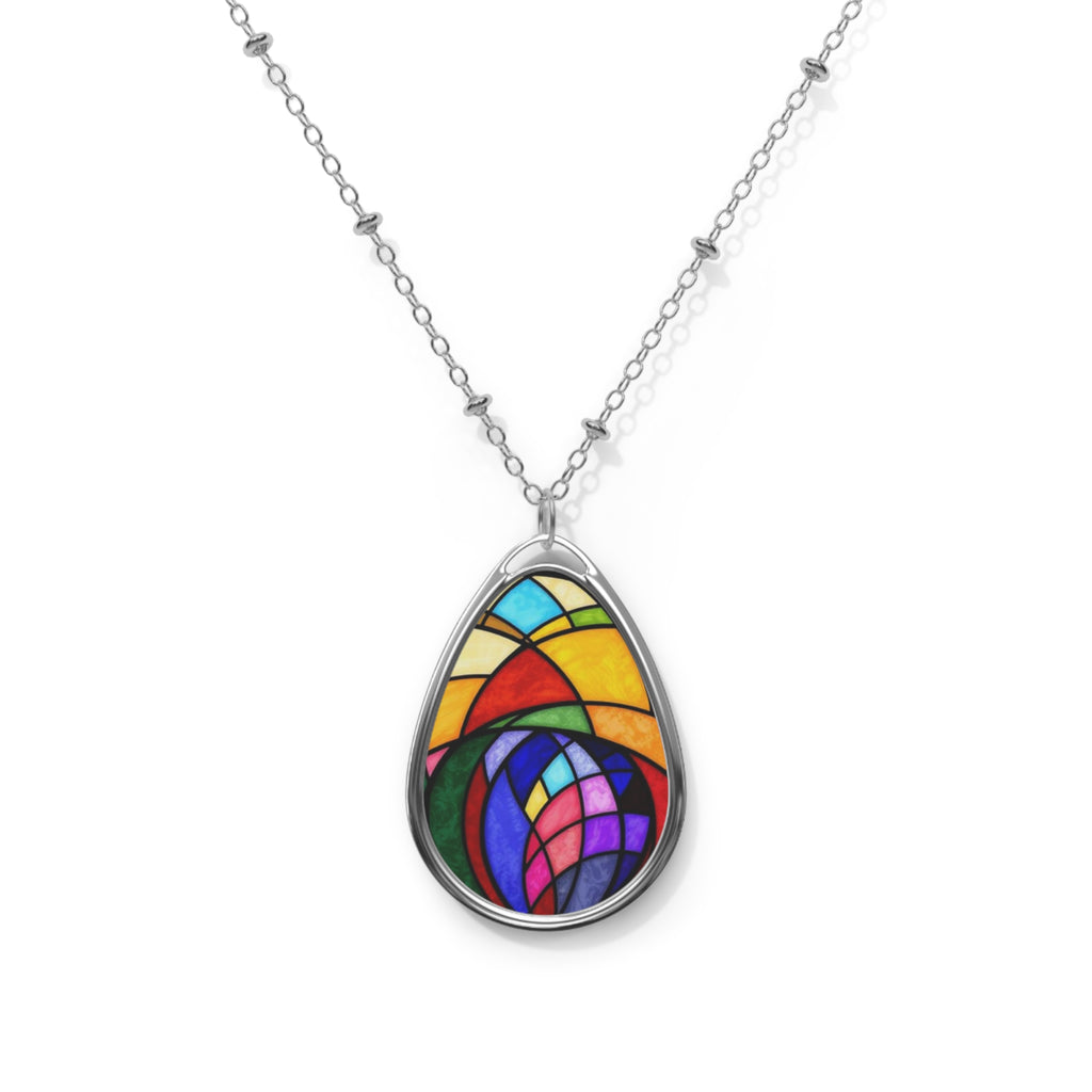 Stained Glass Oval Necklace — Colorful Teardrop Pendant Necklace