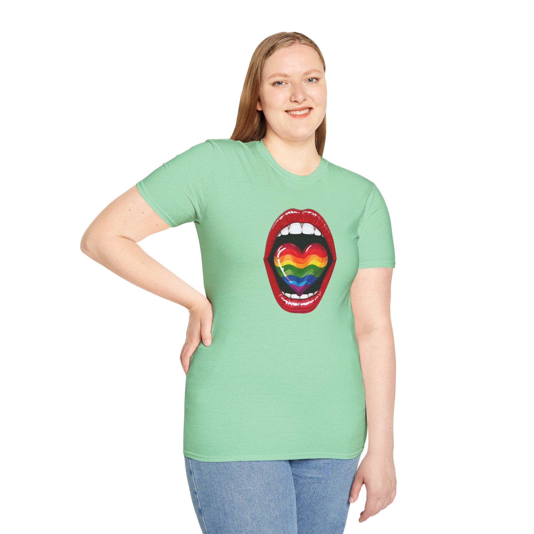 Pride Love Unisex Softstyle T-Shirt | LGBTQ+ Rainbow Heart Design