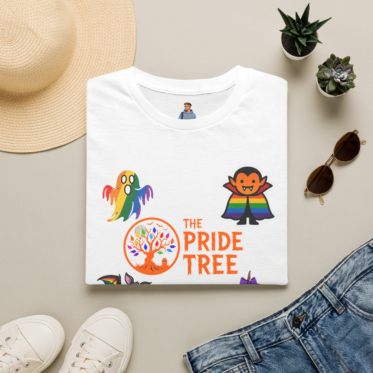 The Pride Tree Halloween T‑Shirt — Rainbow Ghosts, Pumpkins & Bat Graphic Tee