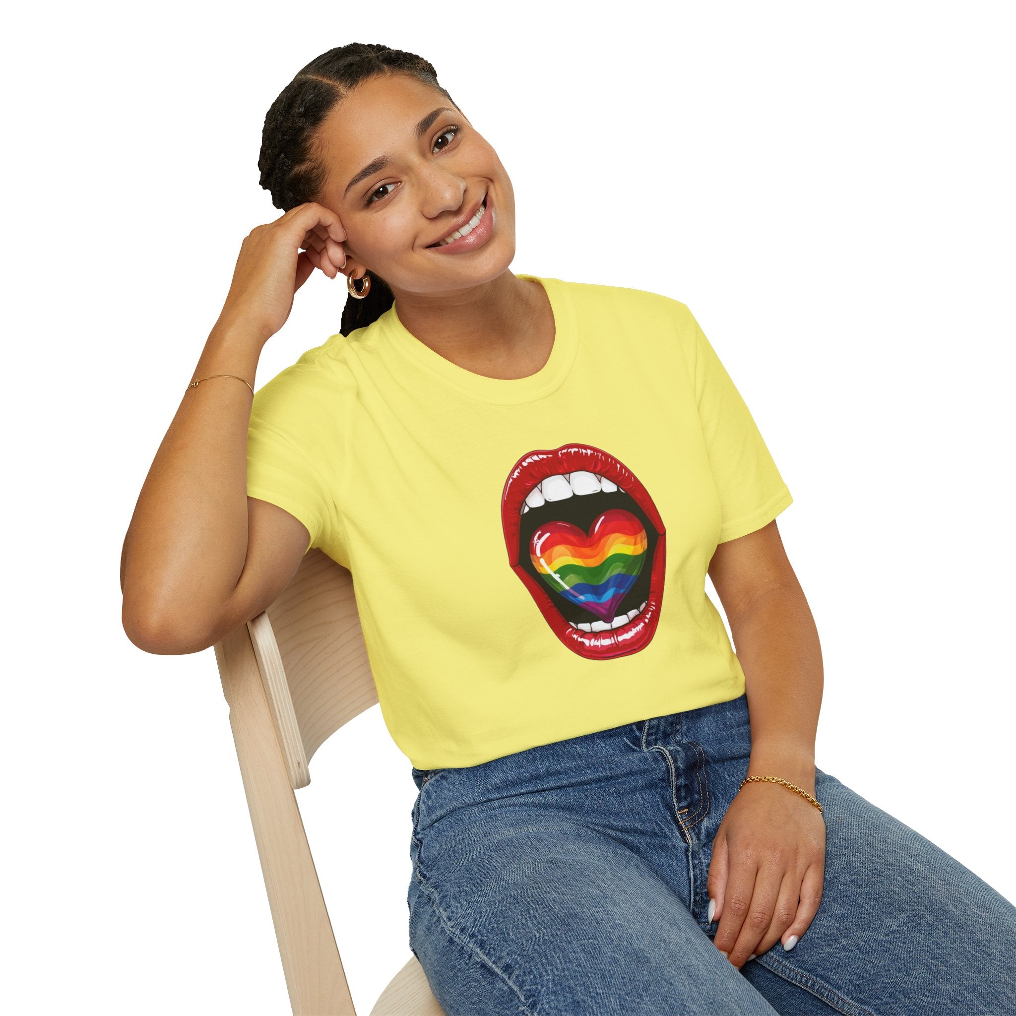 Pride Love Unisex Softstyle T-Shirt | LGBTQ+ Rainbow Heart Design