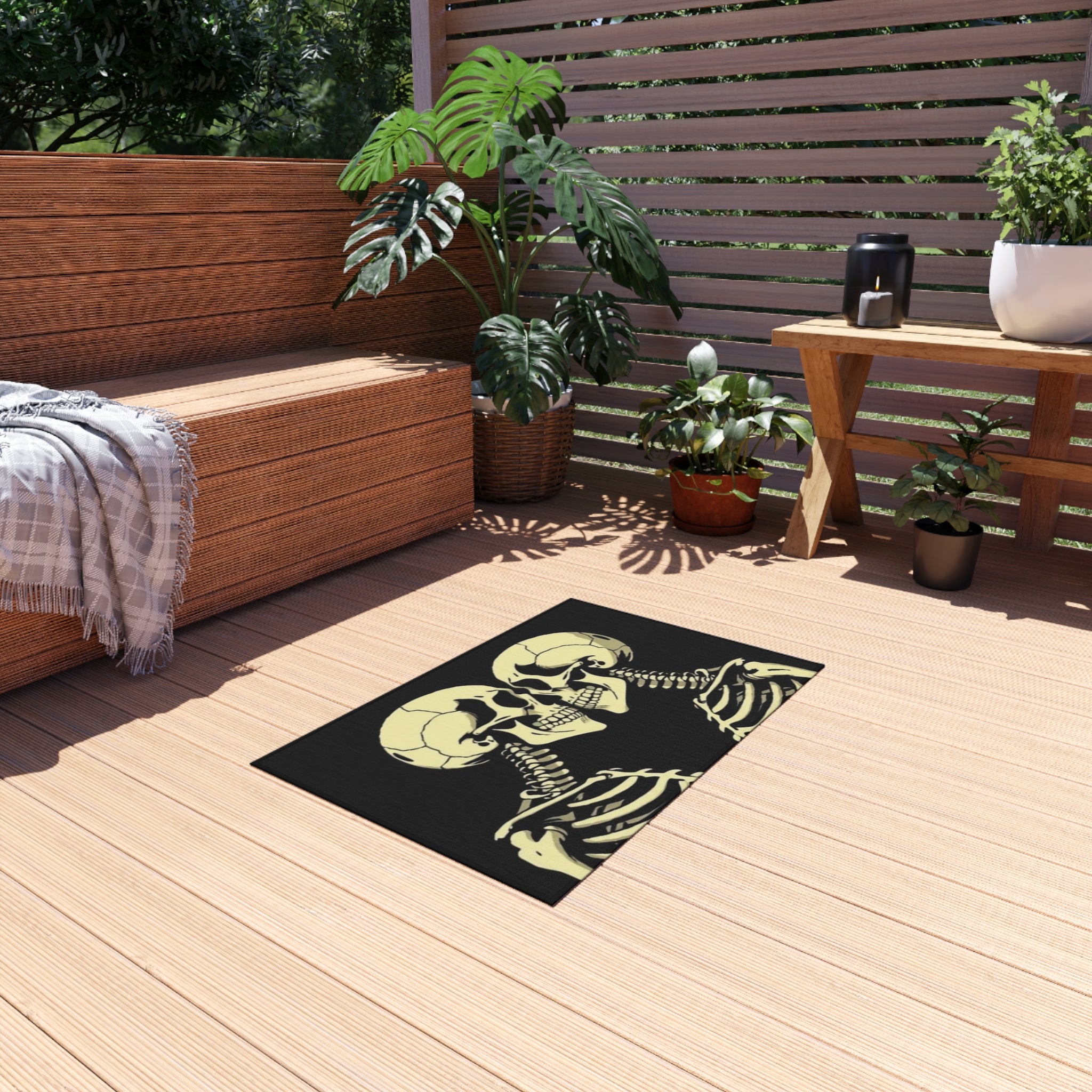 Human Skeletons Kissing Outdoor Rug - Colorful Decorative Mat for Patios & Gardens