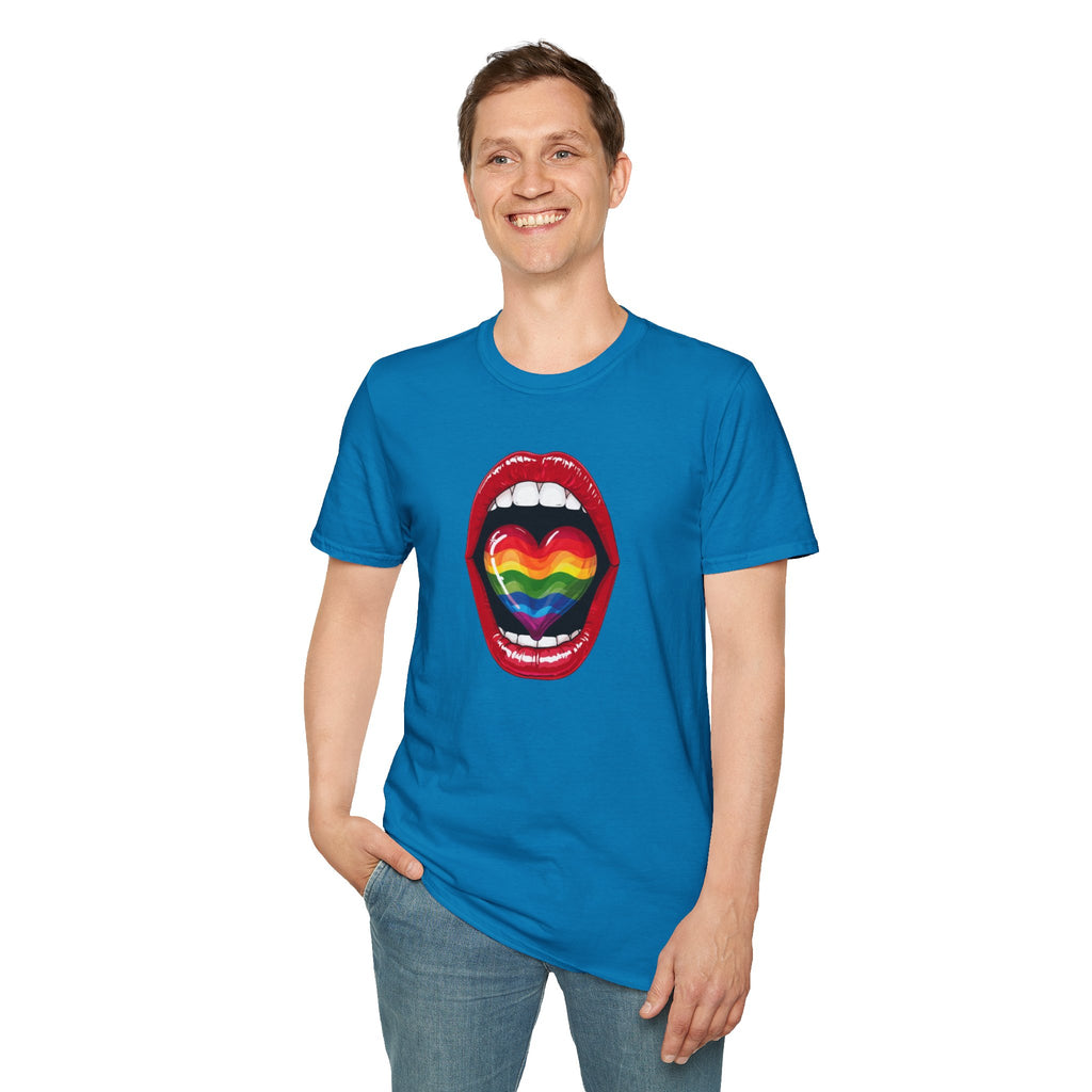 Pride Love Unisex Softstyle T-Shirt | LGBTQ+ Rainbow Heart Design