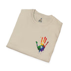 Inclusive Art Unisex Softstyle T-Shirt – ‘ Rainbow Handprint We All Belong’
