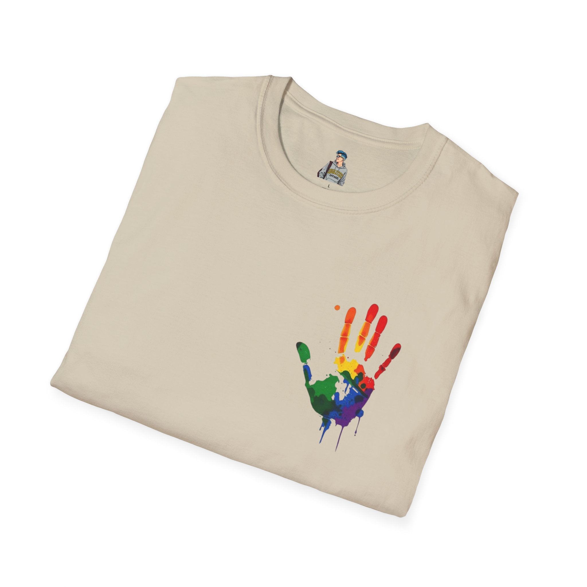 Inclusive Art Unisex Softstyle T-Shirt – ‘ Rainbow Handprint We All Belong’