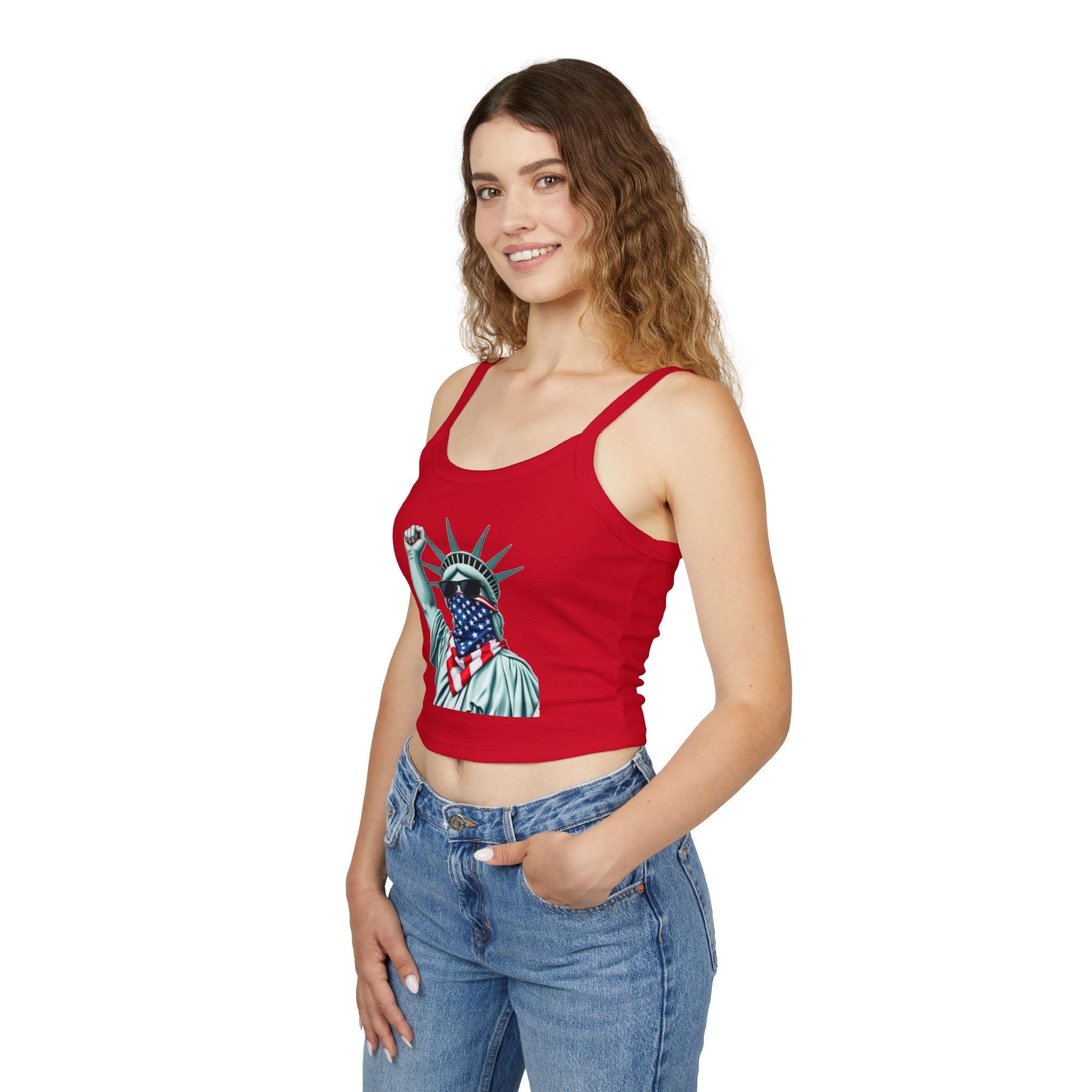 Patriotic Women's Spaghetti Strap Tank Top - Stand With Her Statue of Liberty Design - EqualiTees.Me