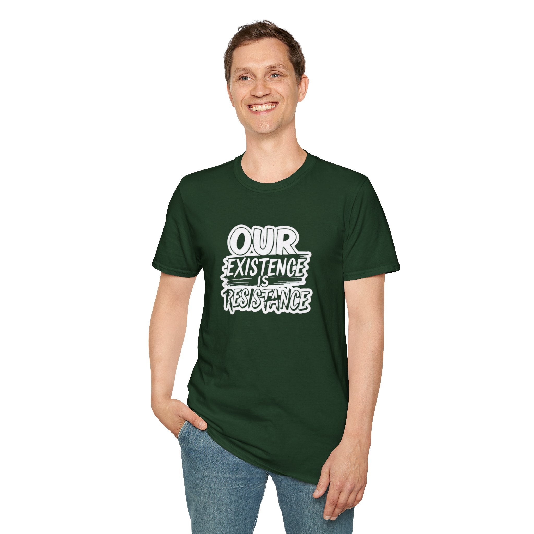Unisex Softstyle T-Shirt - "Our Existence is Resistance" - Motivational Tee for Activists, Casual Wear, Gift for Change - makers - EqualiTees.Me
