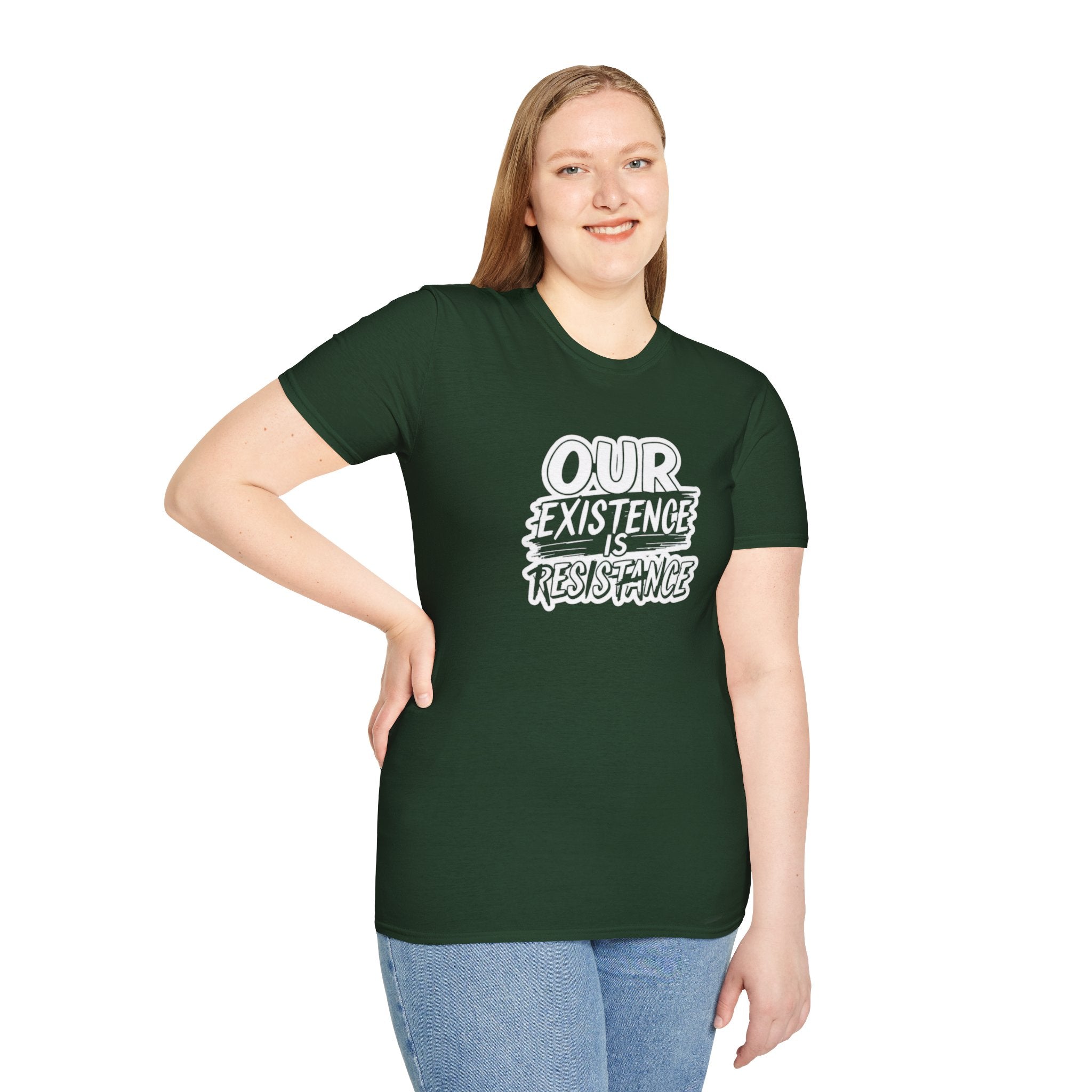 Unisex Softstyle T-Shirt - "Our Existence is Resistance" - Motivational Tee for Activists, Casual Wear, Gift for Change - makers - EqualiTees.Me